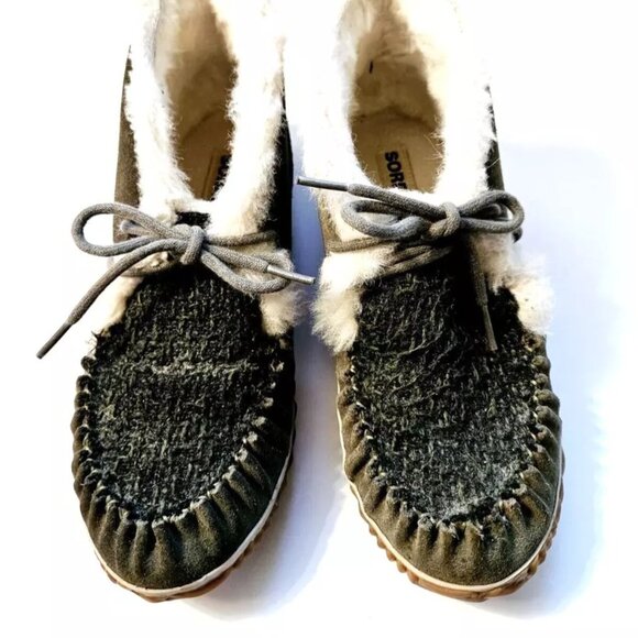 Sorel Out N About Moc Moccasins Olive Gray Suede Wool Shearling Lined Size 8 - Picture 3 of 10